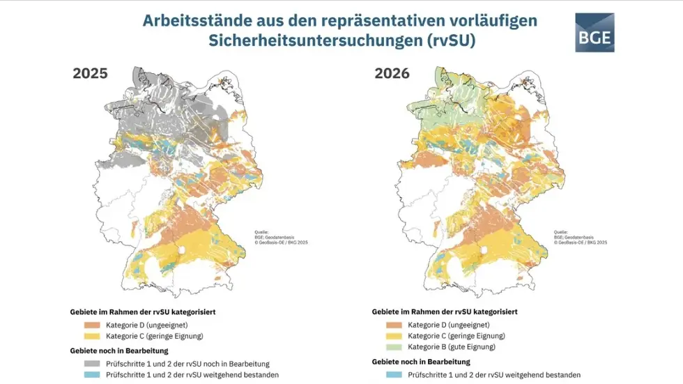 Die heute veröffentlichte, neue Karte rechts zeigt, dass es keine Pläne mehr gibt für ein Atommüll-Endlager in Sachsen (kein blauer Bereich mehr). Die heute veröffentlichte, neue Karte rechts zeigt, dass es keine Pläne mehr gibt für ein Atommüll-Endlager in Sachsen (kein blauer Bereich mehr).