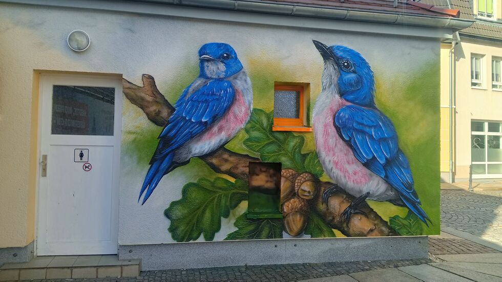 Zwei Blaumeisen auf einem Eichenast zieren jetzt das Toilettenhaus. 