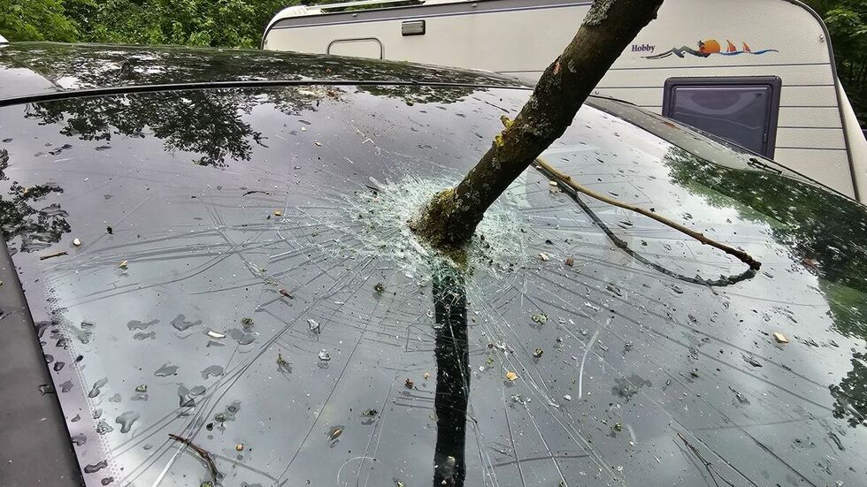 Ein Ast bohrte sich durch die Frontscheibe eines Autos.