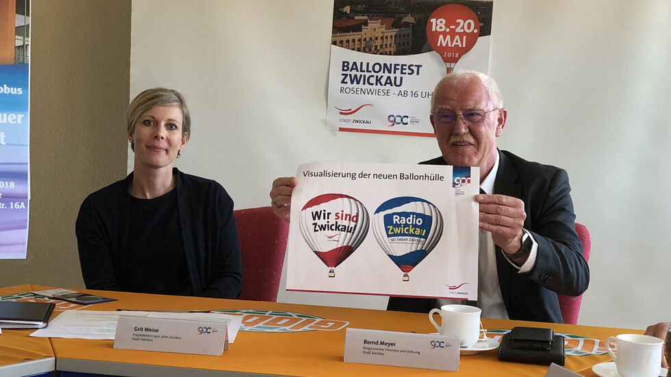 Grit Weise vom Kulturamt und Bürgermeister Bernd Meyer zeigten am Montag, wie der Ballon aussehen wird. © Redaktion