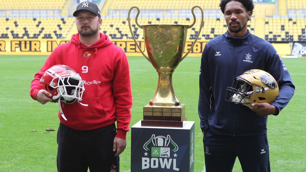 Keine Miene verziehen: Royals RB Heiko Bals und Monarchs WR Tylor Hudson