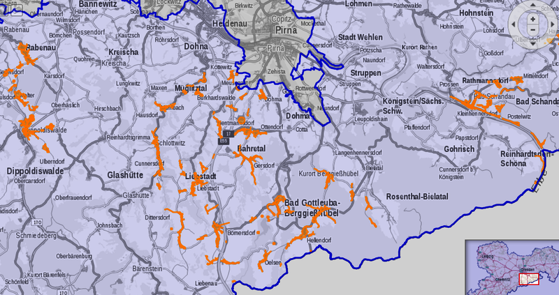 In den gelb markierten Gemeinden ist der Strom ausgefallen. (Screenshot: ENSO Netz)