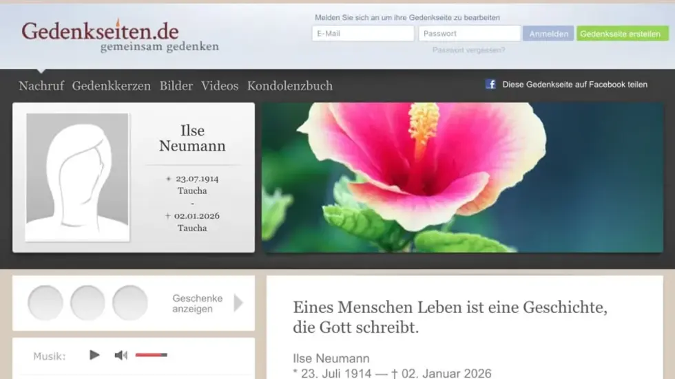 Die falsche Todesanzeige von Sachsens vermutlich ältester Frau Ilse Neumann (111), die am 23. Juli 112 Jahre alt wird.