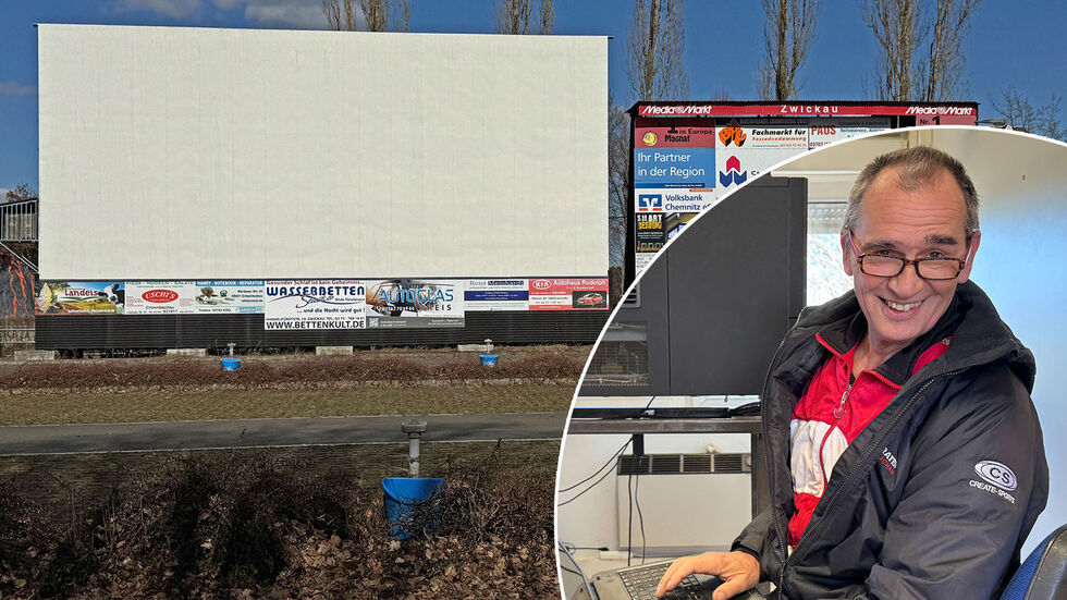 Rechts im Bild: Betreiber Andreas Osse im Computerzimmer des Autokinos, in dem die Filme abgespielt werden. Rechts im Bild: Betreiber Andreas Osse im Computerzimmer des Autokinos, in dem die Filme abgespielt werden.