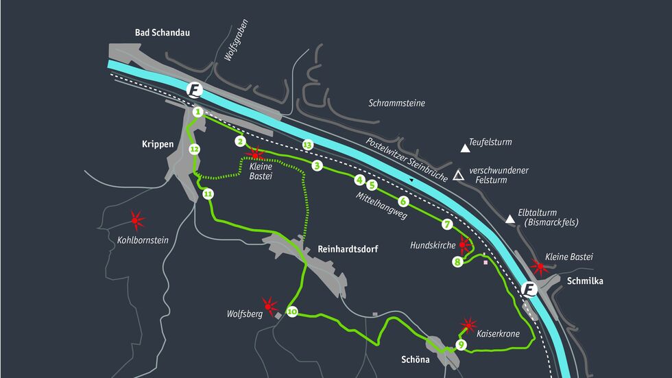 Der Wanderweg ist 15 km lang und führt von Bad Schandau linkselbisch u.a. über Krippen und Reinhardtsdorf